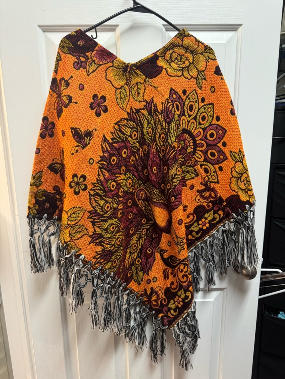 Boho Orange Floral Peacock Poncho with Fringe from Hildago